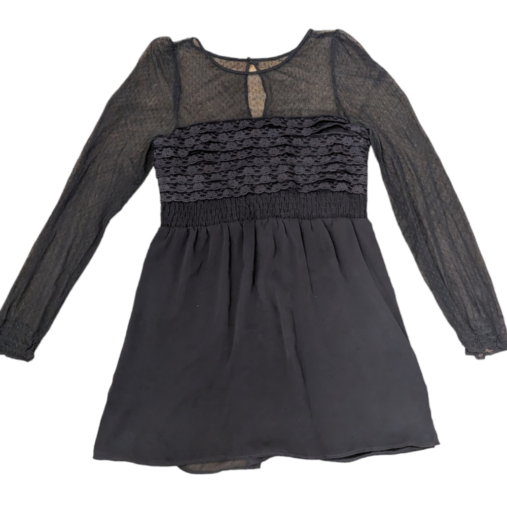 Free People Gray Sheer Long Sleeve Ruffled Lace Fit N Flare Skater Dress Size 12